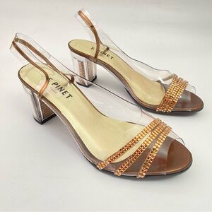 F. Pinet Paris Clear Rhinestone Slingback Peep Toe Womens Heeled Sandals Shoes 5